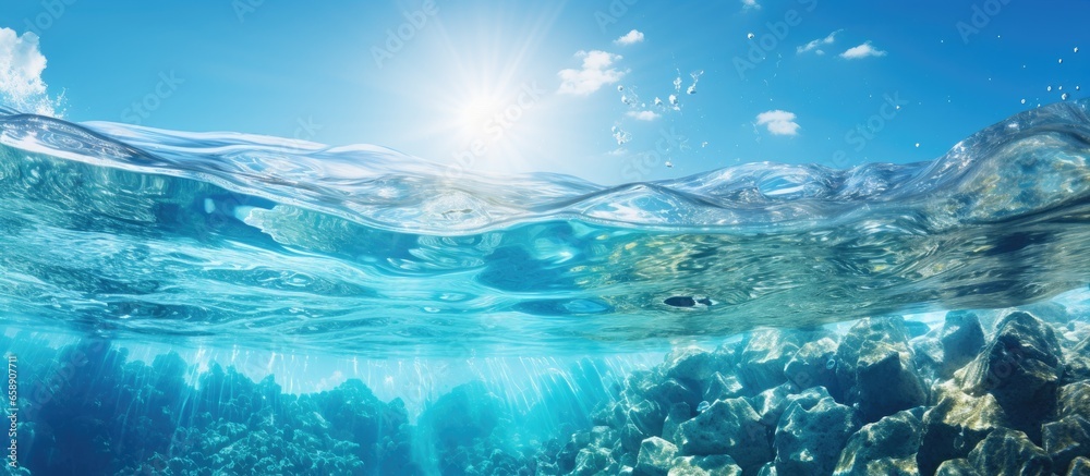 Split ocean wave with air bubbles showcasing ocean view seascape With copyspace for text