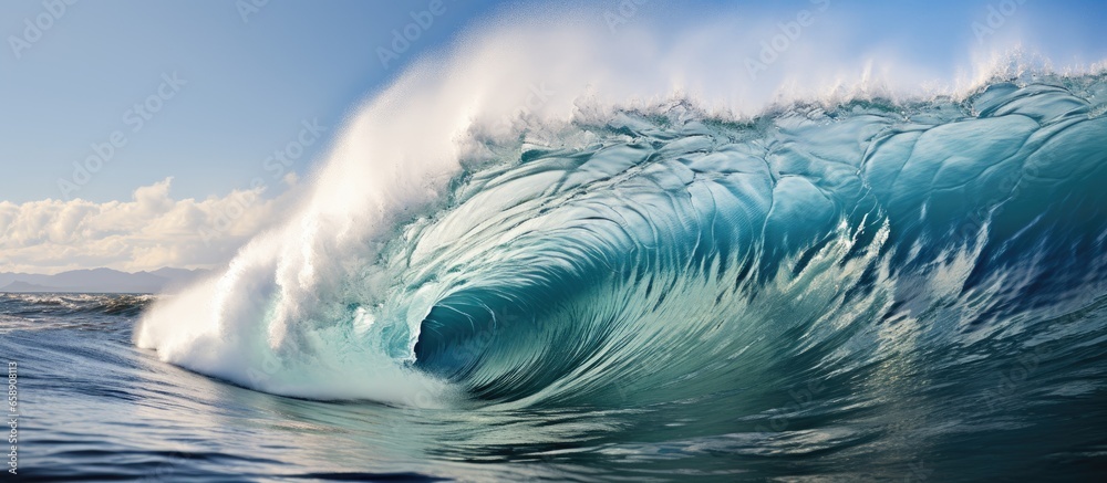 Tahiti experiences a big wave at Teahupoo With copyspace for text - obrazy, fototapety, plakaty 