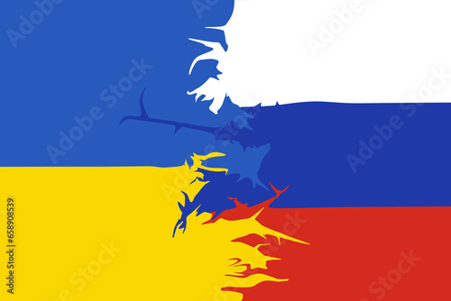 Conflict, Ukraine and Russia flag with crack, politics and battle for security, warzone and freedom. Europe, government and war with sign, illustration and chaos in apocalypse, human rights or safety photo