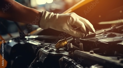 Mechanic works on the engine of the car in the garage. Repair service