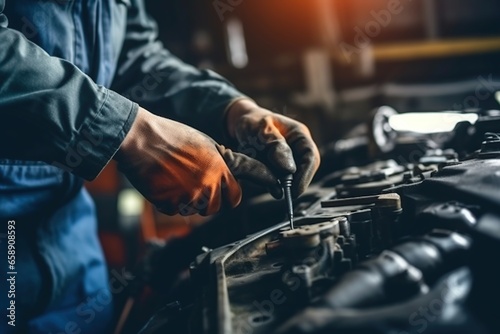 Mechanic works on the engine of the car in the garage. Repair service