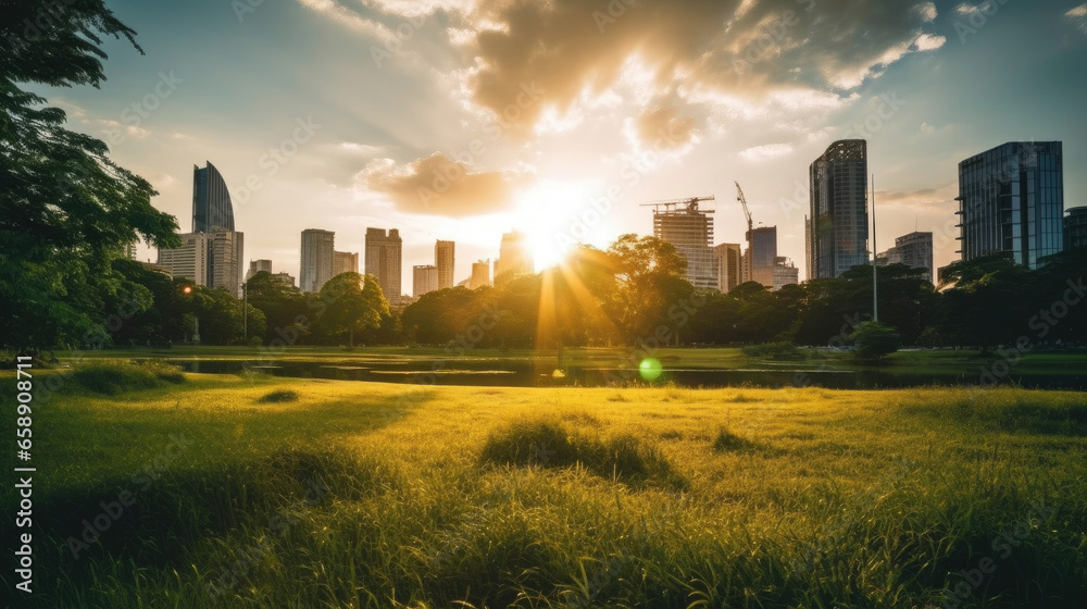Fototapeta premium Bangkok beautiful view from Lumpini Park. Green grass field in park at city center with office building urban background Thailand. Generative Ai