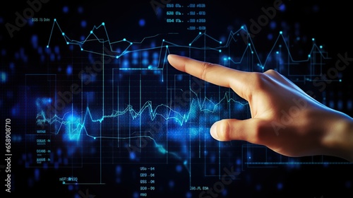 Bussines manageman hand touching on front hud grapich chart on transparant screen