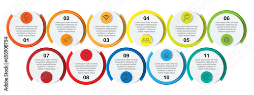 infographic template design, minimalist concept, interconnected circles with 11 steps, lines and colors in each step, good for your business presentation