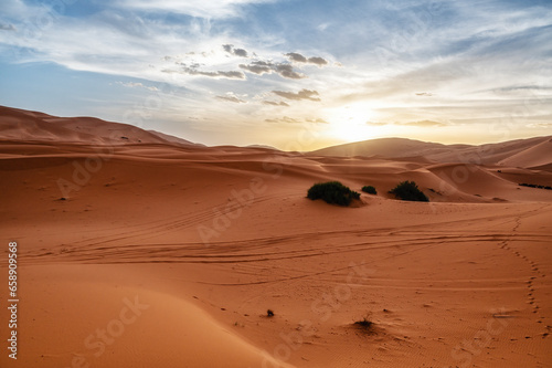 Sunset over the sand dunes  Sahara Desert  Morocco  Africa