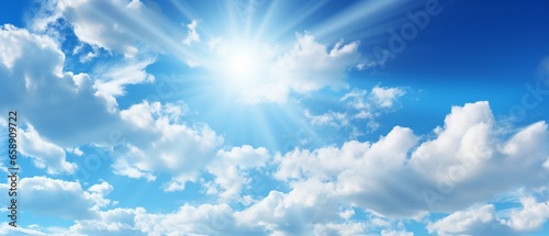 Vivid Panorama  Bright Blue Sky with White Clouds and Radiant Sun