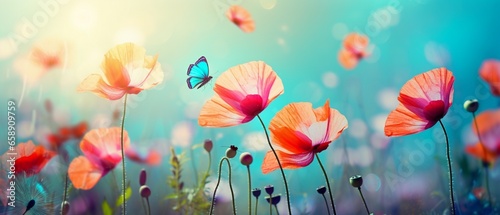 Vibrant Spring and Summer Meadow: Colorful Poppies, Fluttering Butterflies, and Soft Focus on Light Turquoise Background