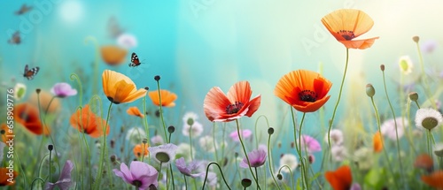 Vibrant Spring and Summer Meadow: Colorful Poppies, Fluttering Butterflies, and Soft Focus on Light Turquoise Background © Maximilien