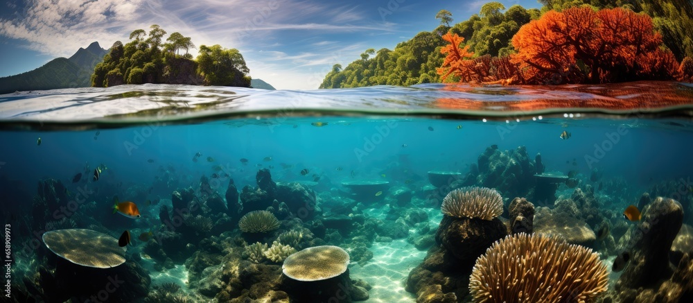 Raja Ampat Indonesia hosts diverse coral species in its shallow tropical waters making it a potential hub for marine biodiversity With copyspace for text
