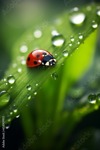 Stunning Nature Macro: Ladybug Climbing on Dew-Kissed Green Plant