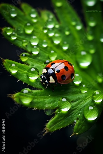 Stunning Nature Macro: Ladybug Climbing on Dew-Kissed Green Plant