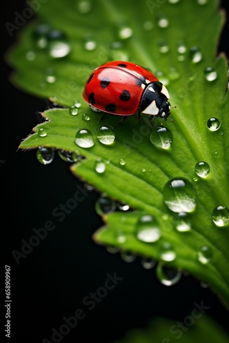 Stunning Nature Macro: Ladybug Climbing on Dew-Kissed Green Plant © Maximilien