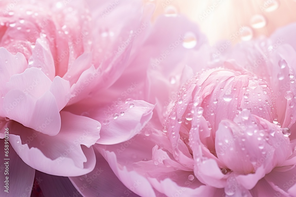 Beautiful transparent drops of water or dew with sun glare on petal of pink peony flower, macro. Gentle artistic image of purity and beauty of nature Beautiful transparent drops of water or dew with sun glare on petal of pink peony flower, macro. Gentle artistic image of purity and beauty of nature