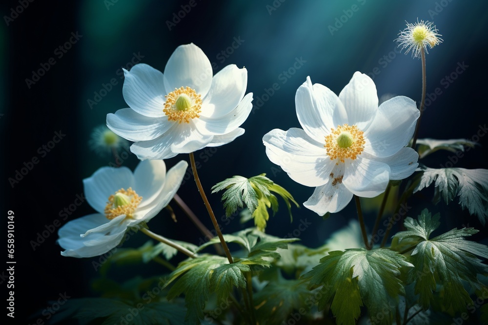 Obraz premium Elegant Spring Macro: White Anemones, Ladybug, and Sunlight on a Dark Background