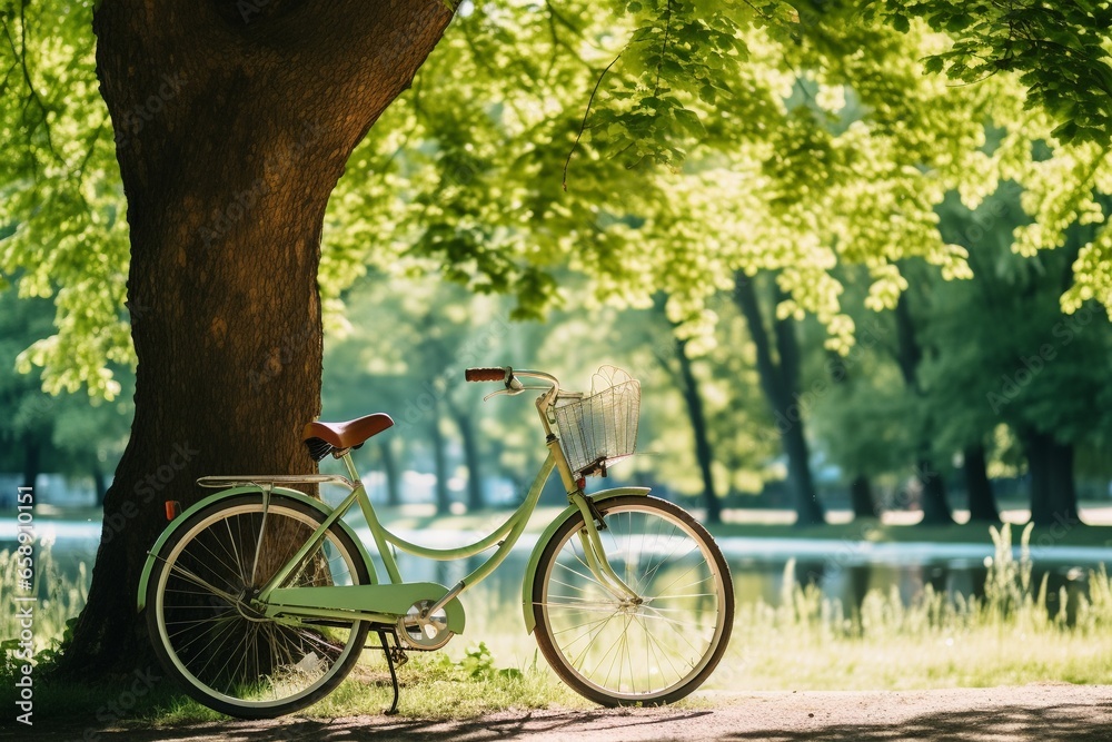Sun-Drenched Park Scene: Bicycle Amid Lush Tree Canopy in Urban Oasis