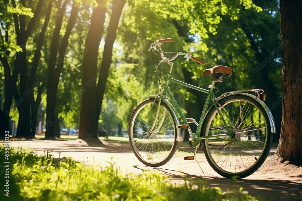 Sun-Drenched Park Scene: Bicycle Amid Lush Tree Canopy in Urban Oasis