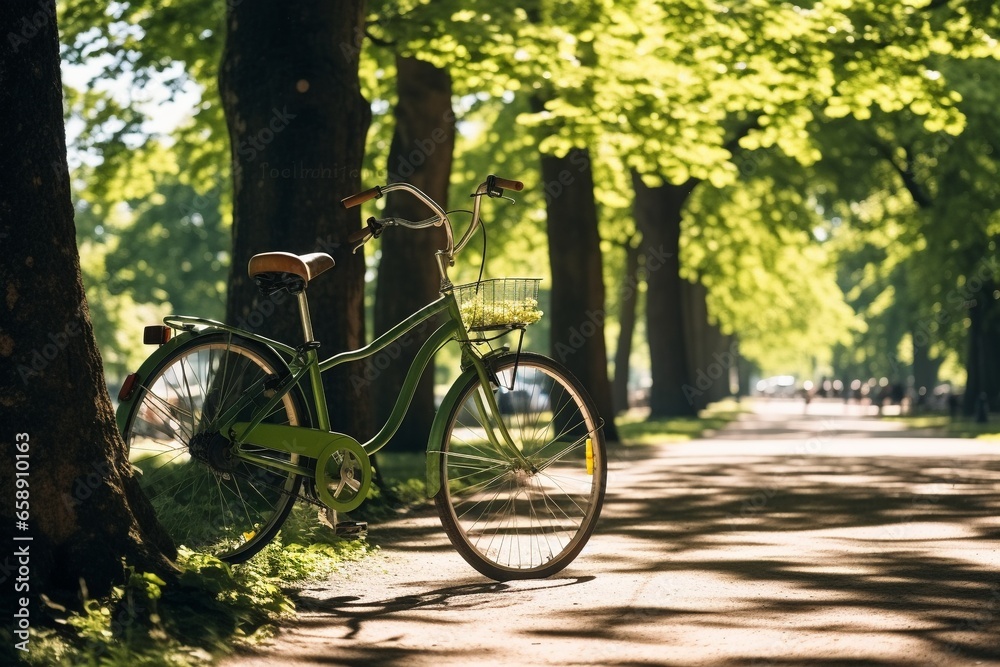 Sun-Drenched Park Scene: Bicycle Amid Lush Tree Canopy in Urban Oasis