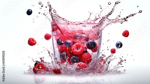 Close up of glass with refreshing strawberry cocktail, with splashes on white background