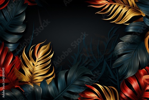 Glamorous Vegetal Background with Golden Tropical Leaf Frame