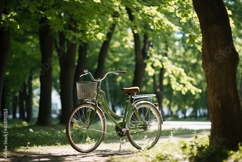 Sun-Drenched Park Scene: Bicycle Amid Lush Tree Canopy in Urban Oasis © Maximilien
