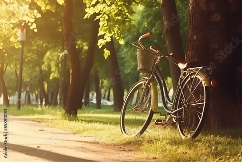 Sun-Drenched Park Scene: Bicycle Amid Lush Tree Canopy in Urban Oasis