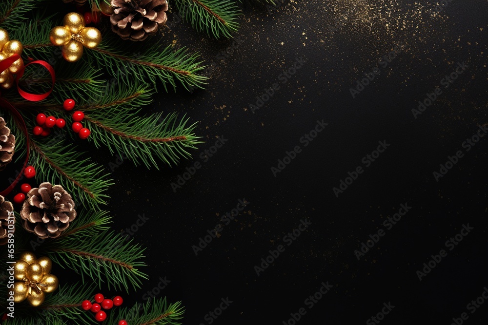 Festive Christmas Greeting Layout Template: Fir Branches, Cones, Gold Serpentine, Red Berries, and Stars on Dark Textured Background (Top View)