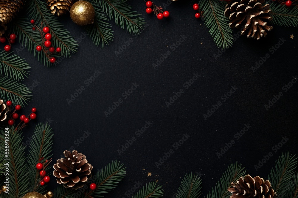 Festive Christmas Greeting Layout Template: Fir Branches, Cones, Gold Serpentine, Red Berries, and Stars on Dark Textured Background (Top View) Festive Christmas Greeting Layout Template: Fir Branches, Cones, Gold Serpentine, Red Berries, and Stars on Dark Textured Background (Top View)