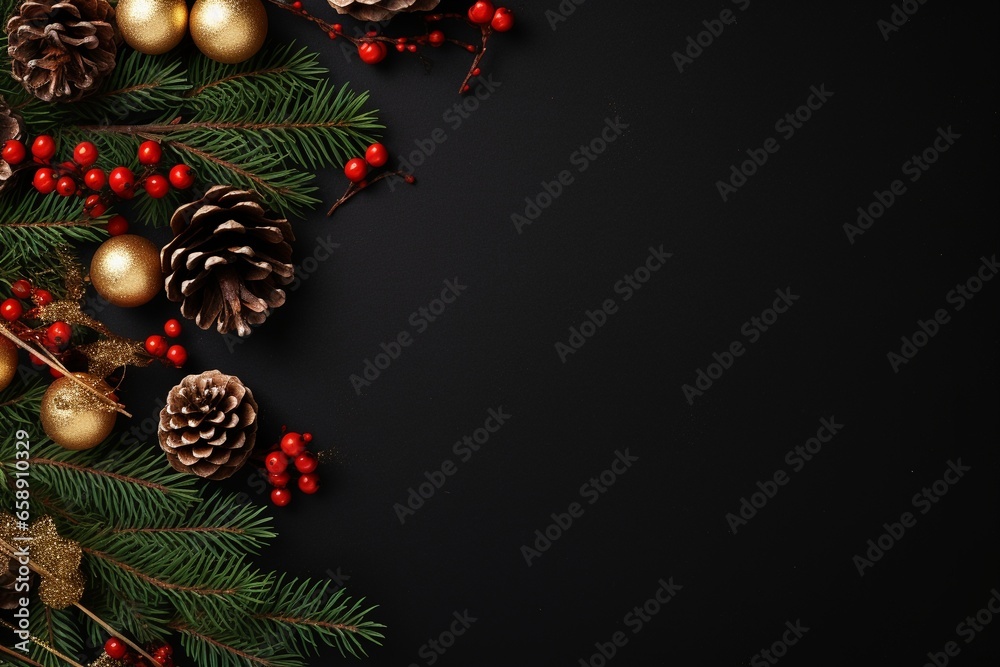 Festive Christmas Greeting Layout Template: Fir Branches, Cones, Gold Serpentine, Red Berries, and Stars on Dark Textured Background (Top View)