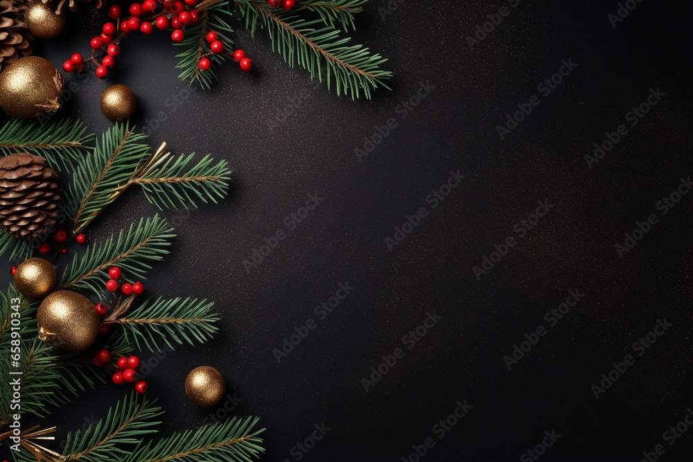 Festive Christmas Greeting Layout Template: Fir Branches, Cones, Gold Serpentine, Red Berries, and Stars on Dark Textured Background (Top View)