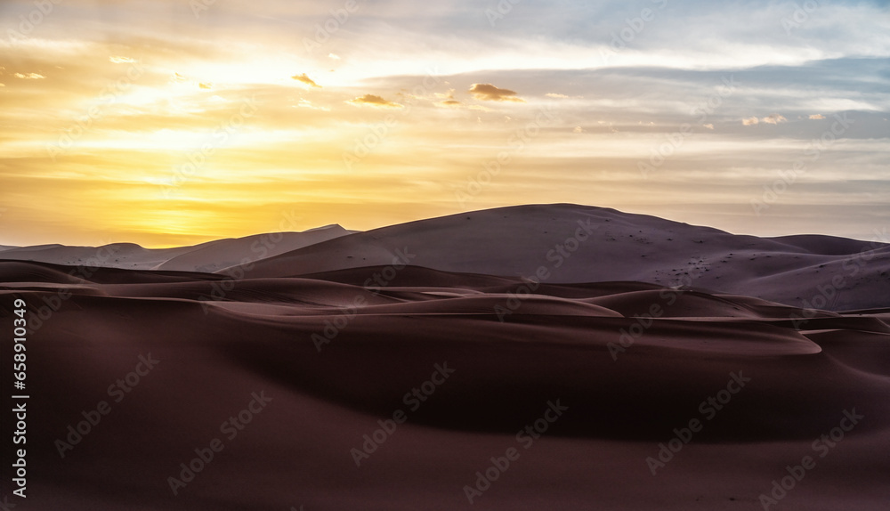 beautiful sand dunes, the setting sun shone over the desert beautiful sand dunes, the setting sun shone over the desert