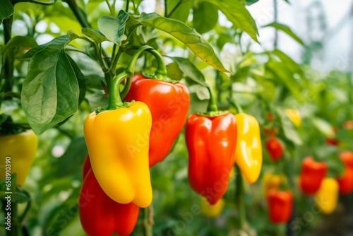 Close-Up of Fresh Juicy Red and Yellow Sweet Peppers Growing in a Greenhouse: Abundant Agriculture Harvest