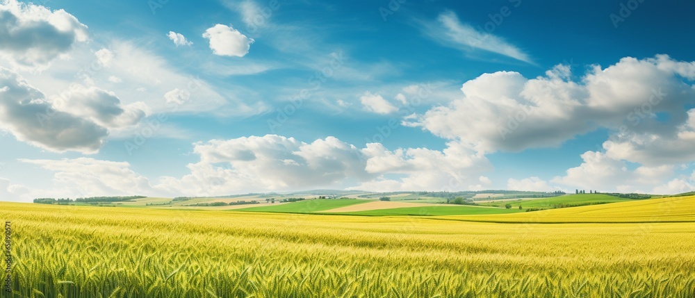 Colorful Summer Panorama: Green Grass, Ripe Wheat Field, and Blue Sky