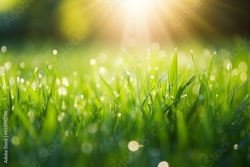 Macro View of Sunlit Spring Grass with Selective Focus