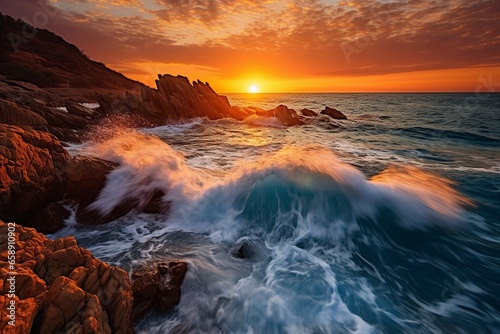 Gorgeous Mediterranean Sunset  Waves Crashing on Coastal Rocks in Natural Seascape