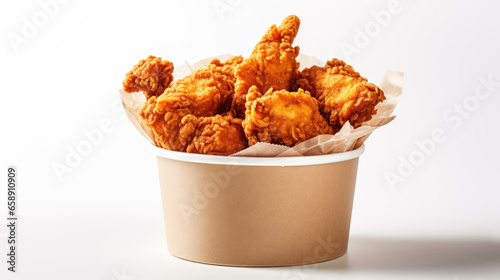 Fried chicken in paper bucket isolated on white background. Generative Ai