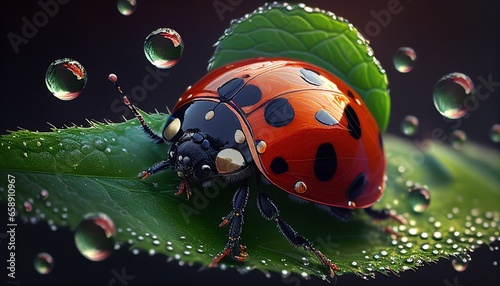 Ladybug on green leaf, water droplets on leaf