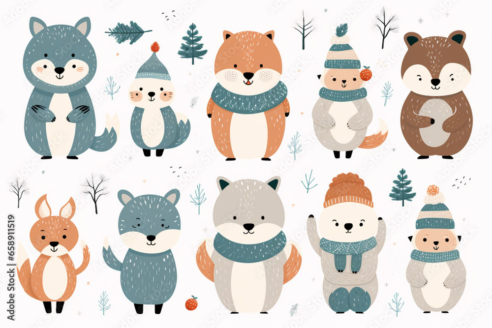 set of animals,Set of cute hand drawn animal in winter hats, scarves, scarves, knitted sweaters, Christmas trees.