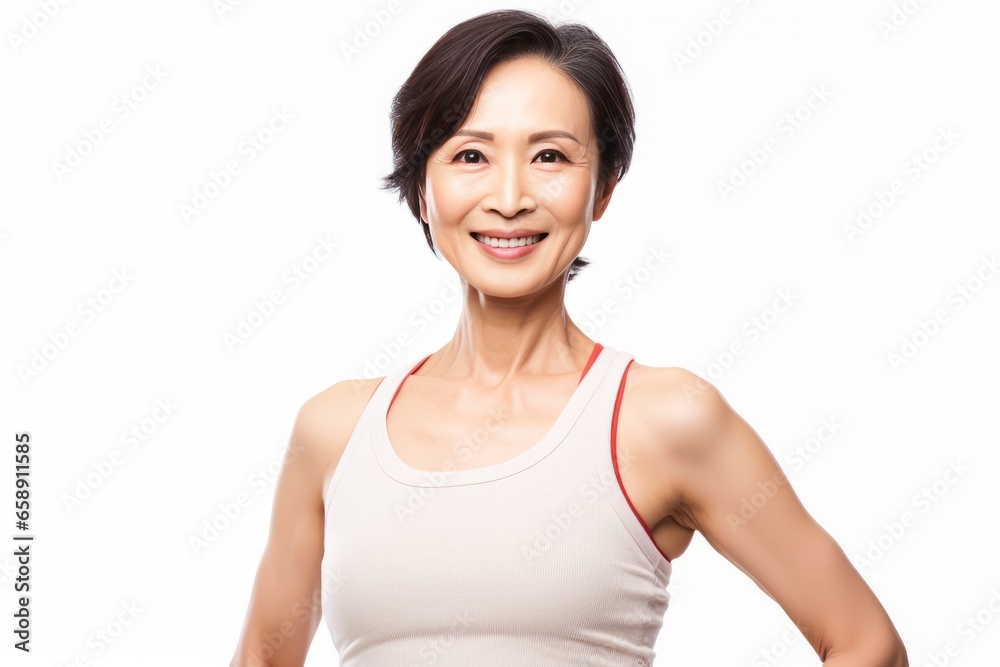 Beautifull midle age fit asia in sport wear healthy skin isolated white background