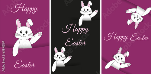 Design happy Easter day card cover with cartoon Bunny and font. Set magenta Easter posters  banner  card in trendy Y2K style. Celebration web promo. Vector illustration. Pink Rabbit in cut out style.
