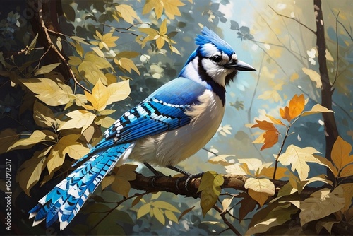 A Blue Jay in a sun-dappled forest, Illustration AI Generative.