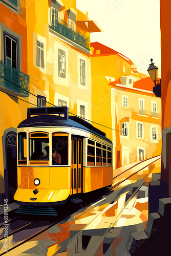 Illustration of a portuguese city with a tram, Portugal