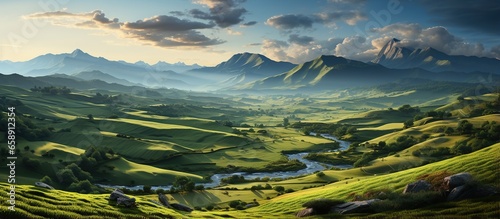 Panorama countryside at sunset in evening light. wonderful springtime landscape in mountains.