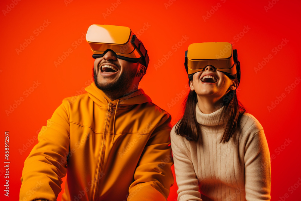 Two people having fun wearing vr - glasses. tecnology. virtual reality. Two people having fun wearing vr - glasses. tecnology. virtual reality.