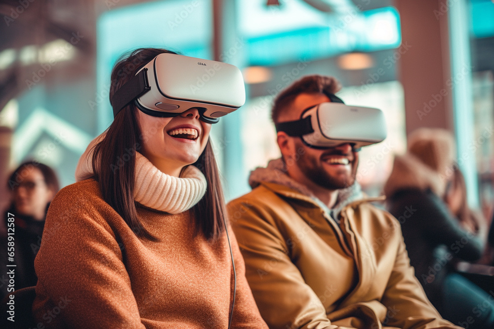 Two people having fun wearing vr - glasses. tecnology. virtual reality. Two people having fun wearing vr - glasses. tecnology. virtual reality.