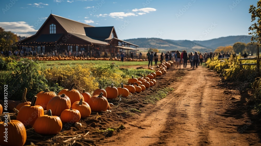 Pumpkin patch farm fall autumn festival with people and stalls - obrazy, fototapety, plakaty 