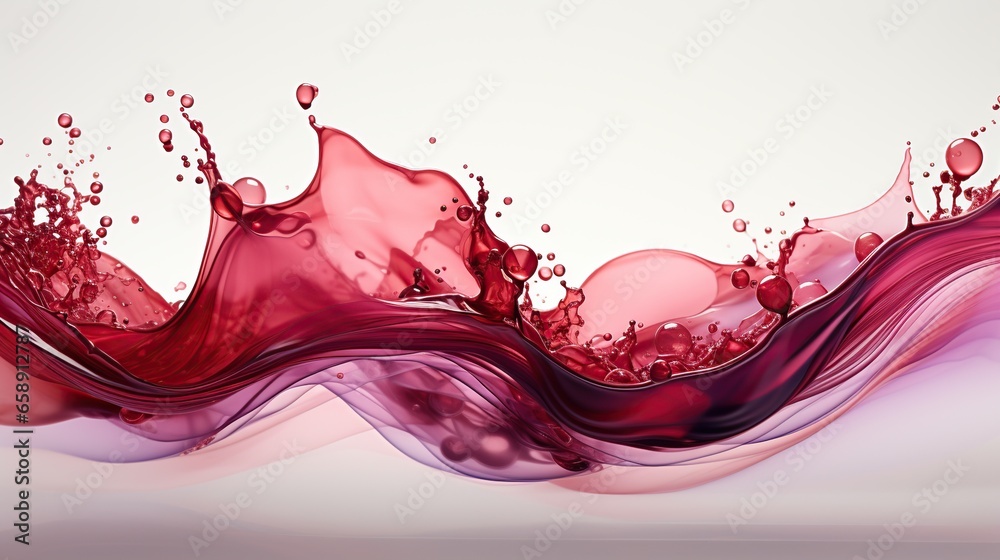Red water or juice wave flow with splatters, vector isolated realistic liquid swirl. - obrazy, fototapety, plakaty 