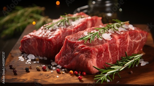 Leinwand Poster Raw beef fillet steaks mignon with spices on wooden background