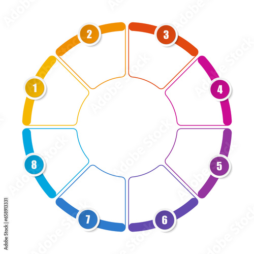 Basic circle infographic with 8 steps, process or options.