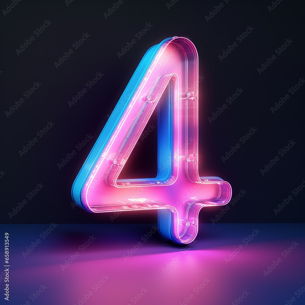 In this 3D rendering, you can see the number four illuminated by a gradient neon light, casting a pink and blue glow in the dark. In this 3D rendering, you can see the number four illuminated by a gradient neon light, casting a pink and blue glow in the dark.