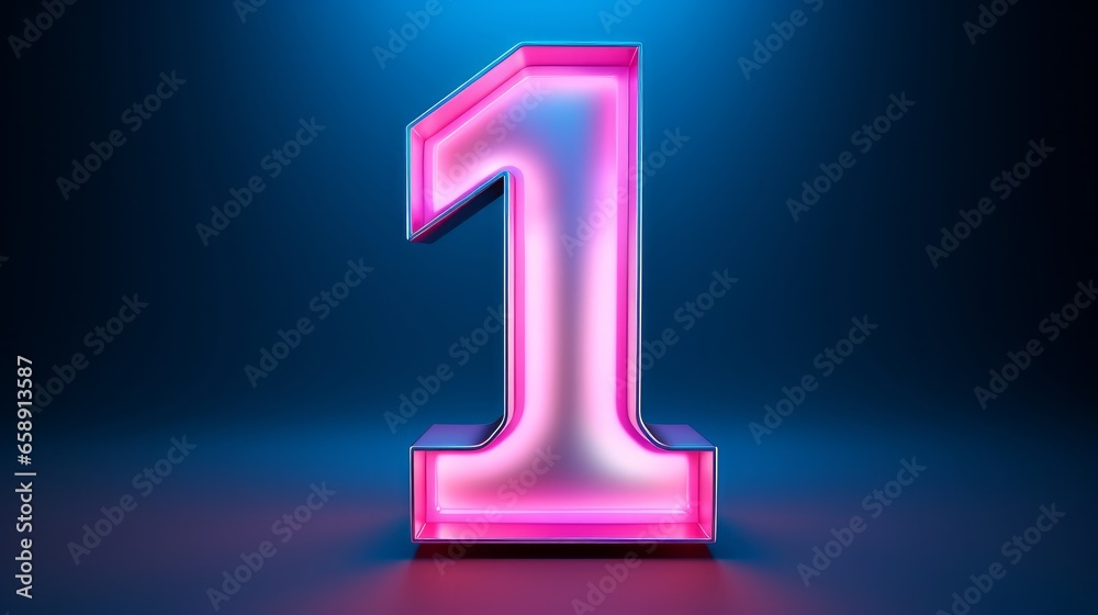 In this 3D rendering, you can see the number one illuminated by a gradient neon light, casting a pink and blue glow in the dark. In this 3D rendering, you can see the number one illuminated by a gradient neon light, casting a pink and blue glow in the dark.
